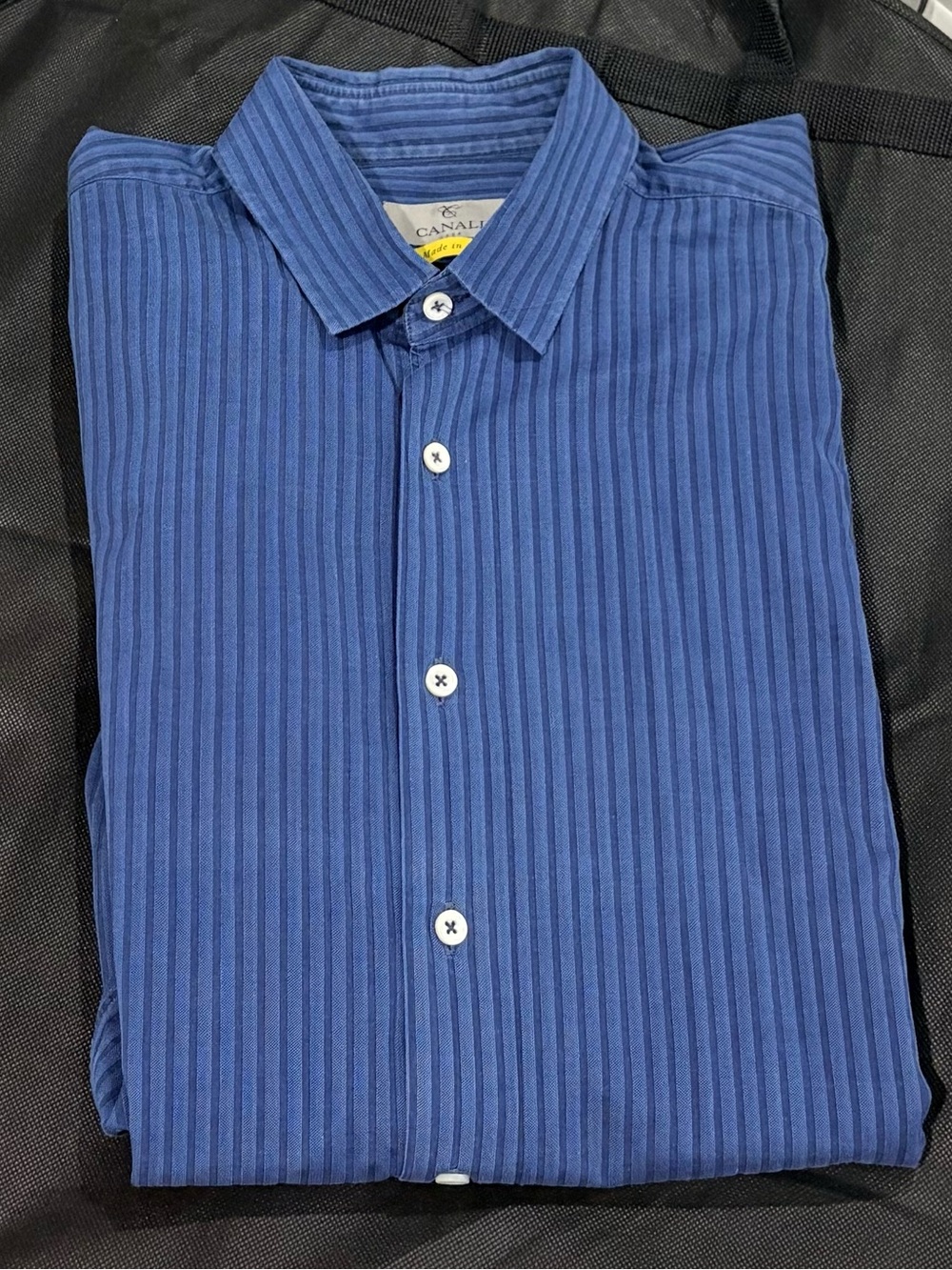 Canali Navy Blue Vertical-Strip Dress Shirt